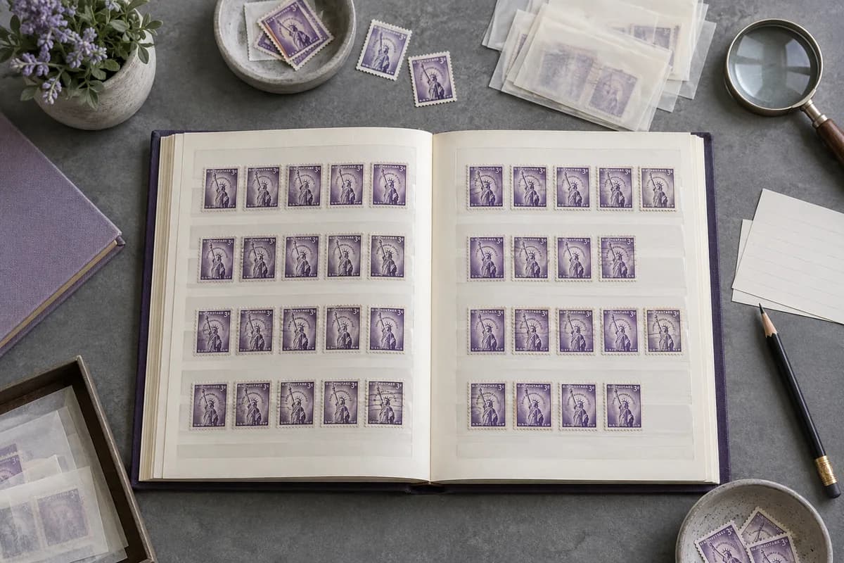 Sammlerillustration mit violetten Marken mit Freiheitsstatuenmotiven in einem offenen Einsteckalbum