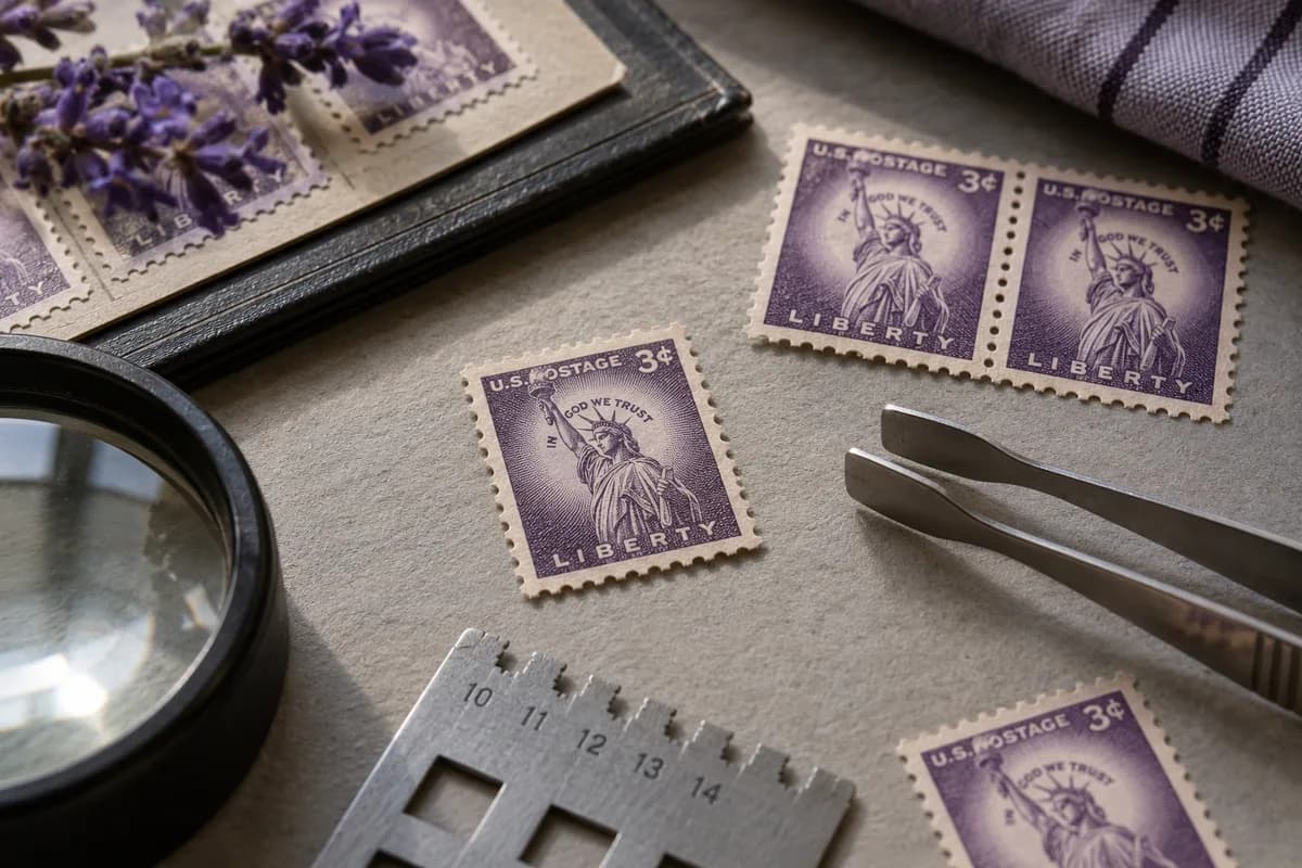 Illustrierte Untersuchung mit violetten Marken mit Freiheitsstatuenmotiven, Pinzette und Zähnungsschlüssel