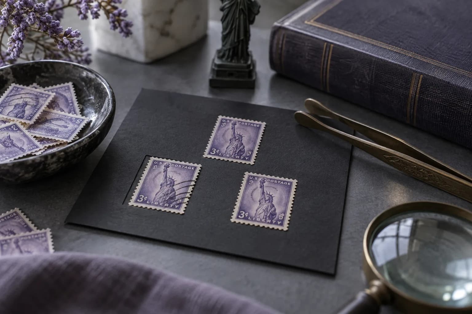 Sammlerillustration mit violetten Marken mit Freiheitsstatuenmotiven auf einer Archivkarte
