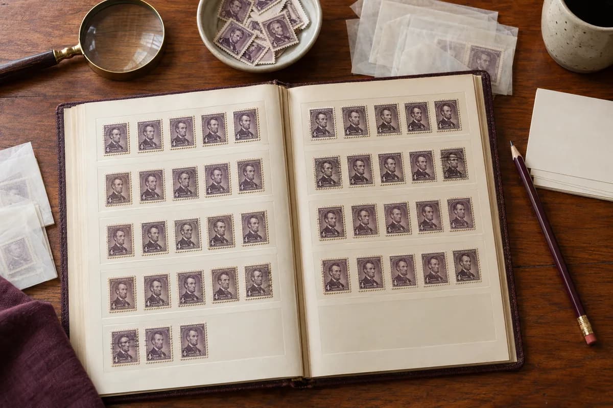 Collector illustration showing violet Lincoln-style portrait stamps arranged in an open stockbook