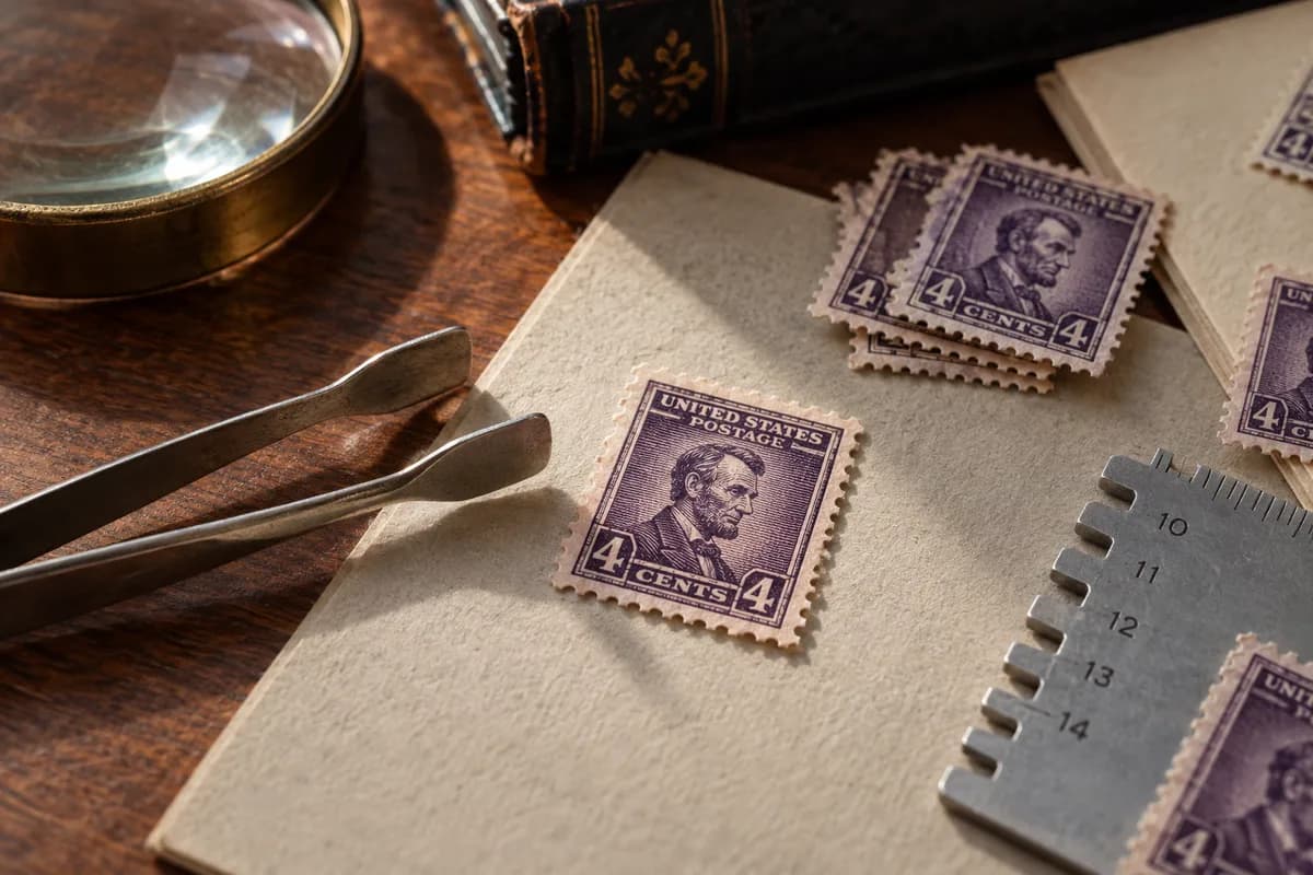 Illustrated inspection scene with violet Lincoln-style portrait stamps, stamp tongs and a gauge