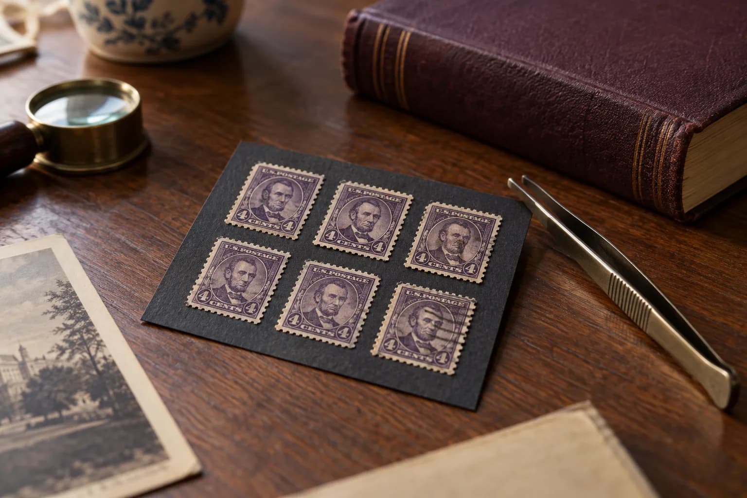 Collector illustration with violet Lincoln-style portrait stamps on an archival card