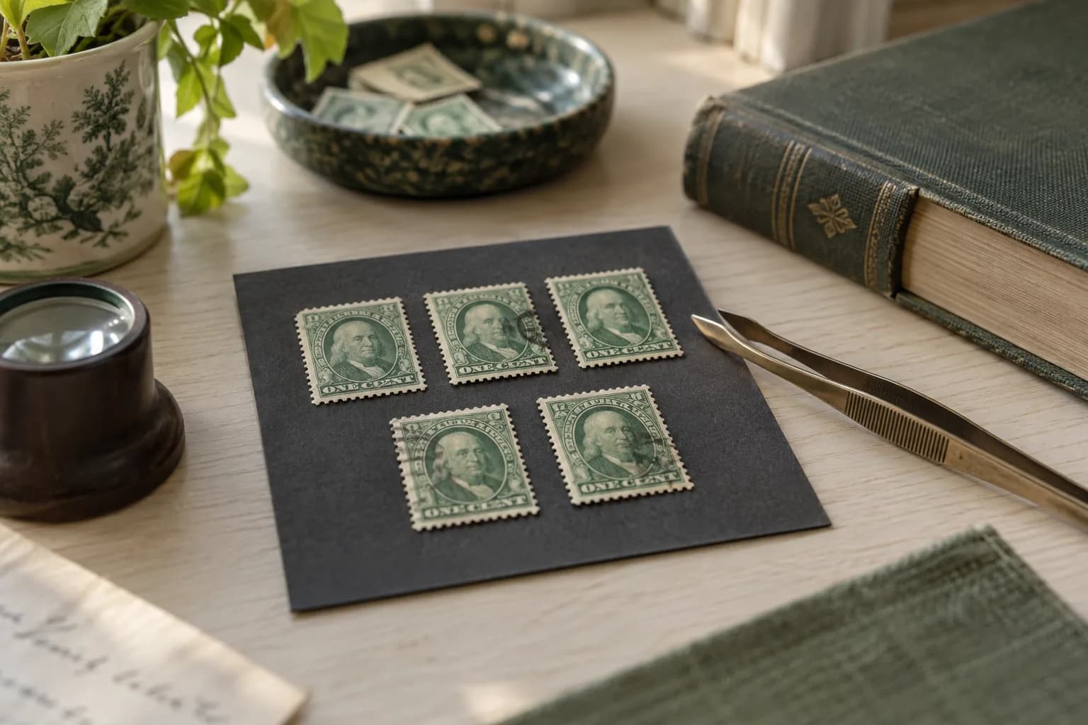 Sammlerillustration mit grünen Porträtmarken im Franklin-Stil auf einer Archivkarte