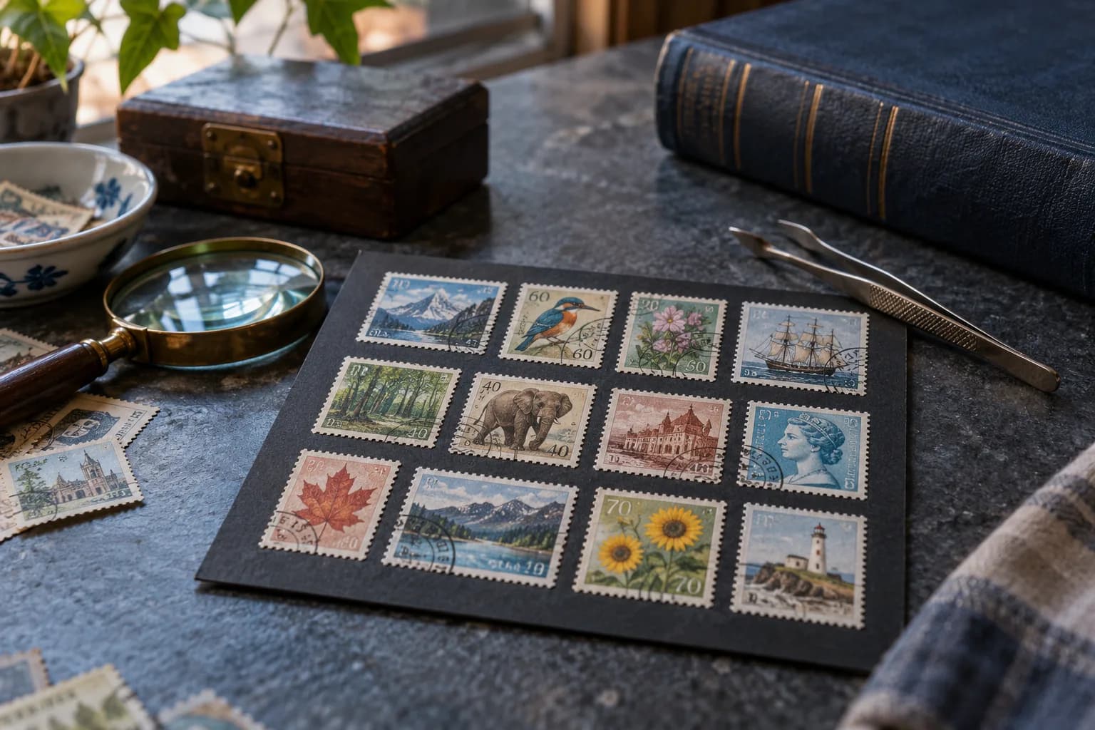 Collector illustration with colorful thematic stamps with circular cancellations on an archival card