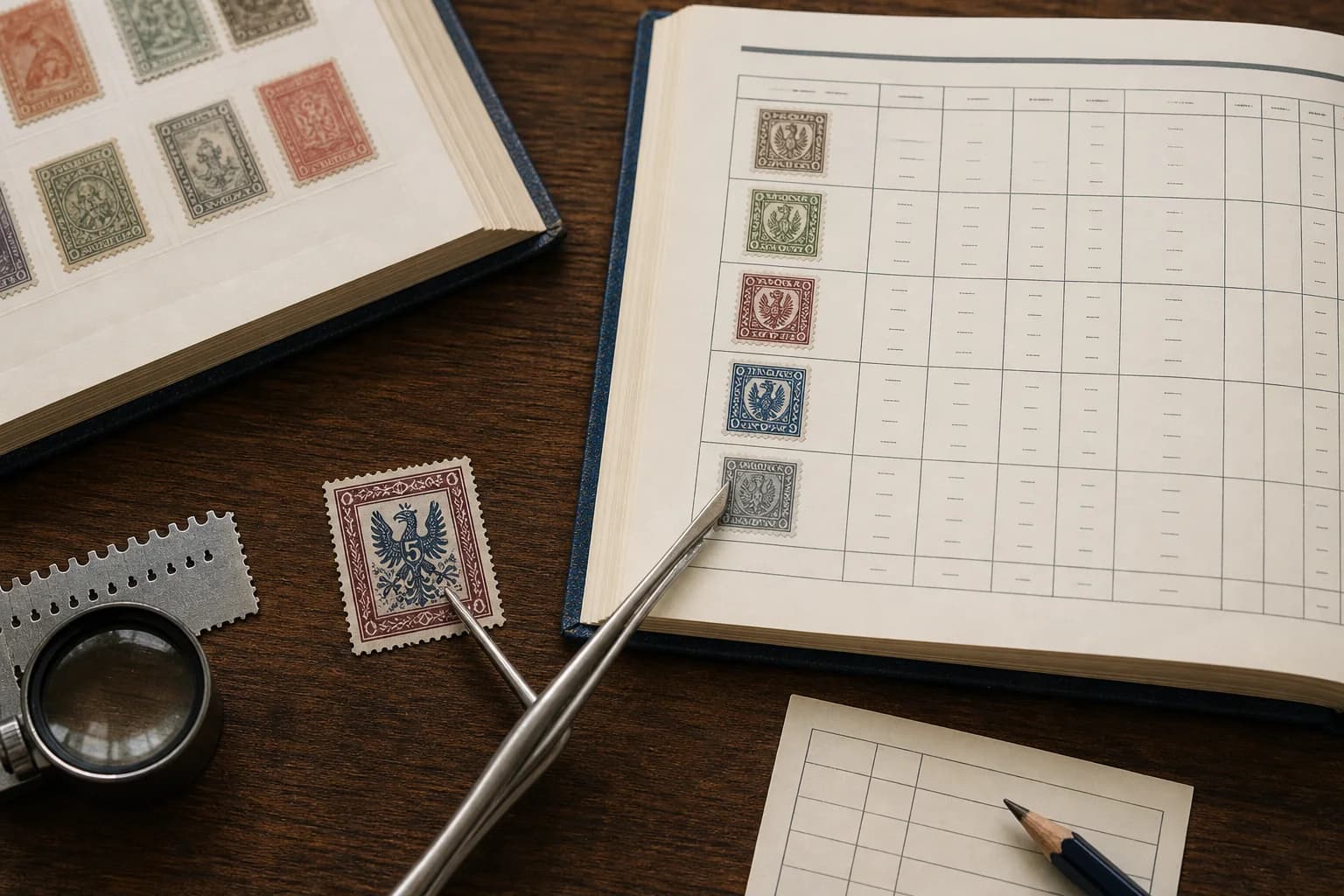 Sello antiguo ficticio junto a un catálogo filatélico genérico abierto, álbum, pinzas, lupa, odontómetro y ficha de inventario