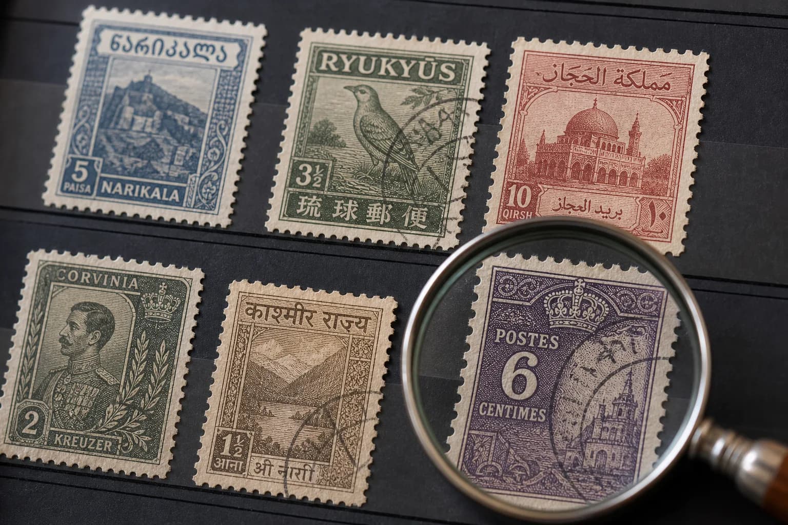 Fictional foreign stamps with different scripts and a magnifier over printed country clues