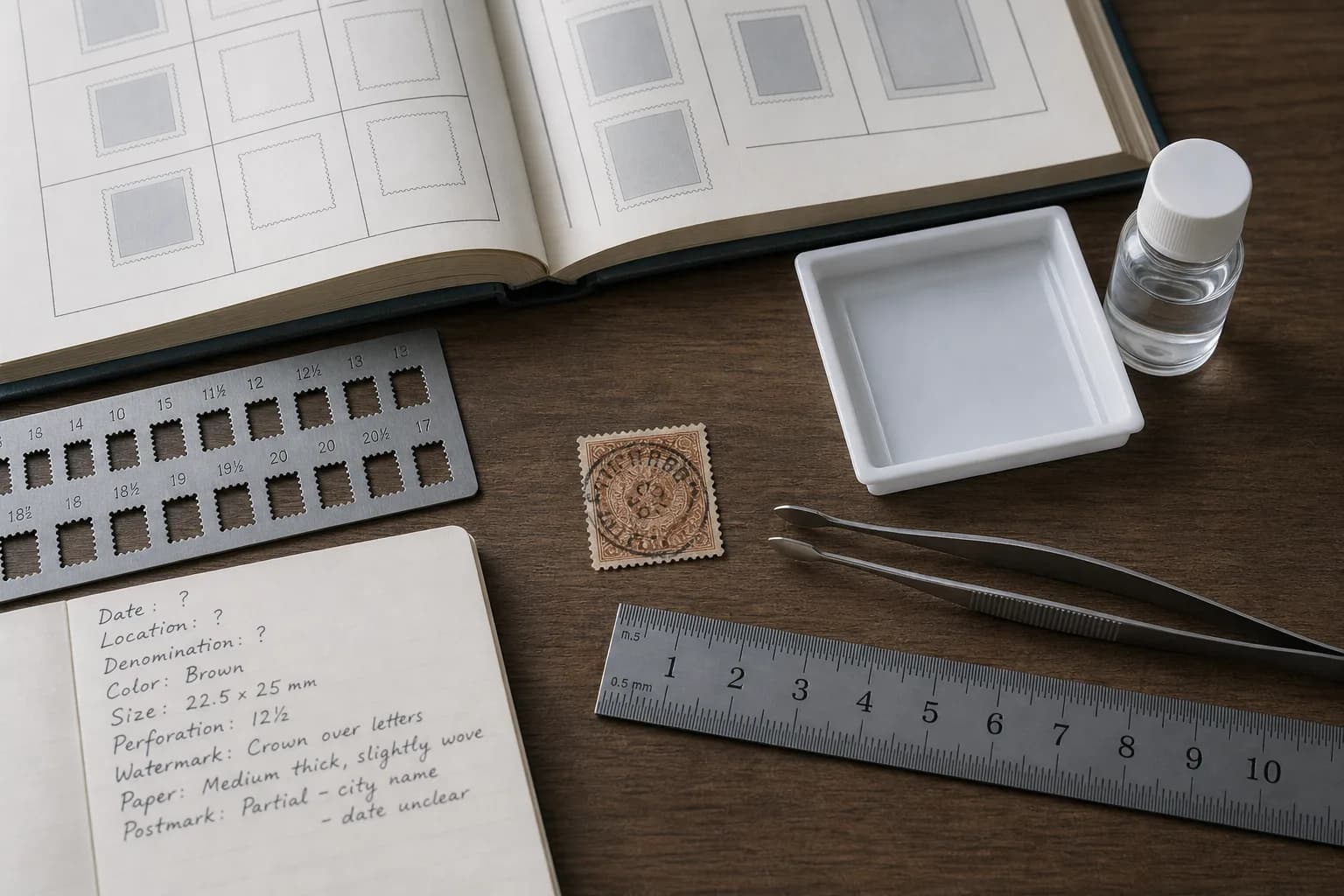Fictional foreign stamp being checked with a ruler, perforation gauge, watermark tray, tongs, and research notes