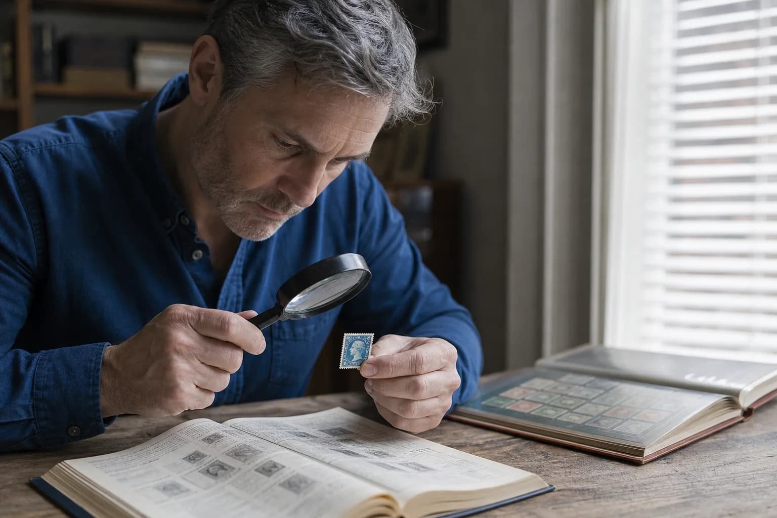 Collector studying an ordinary vintage stamp with a magnifier beside stamp albums and reference material