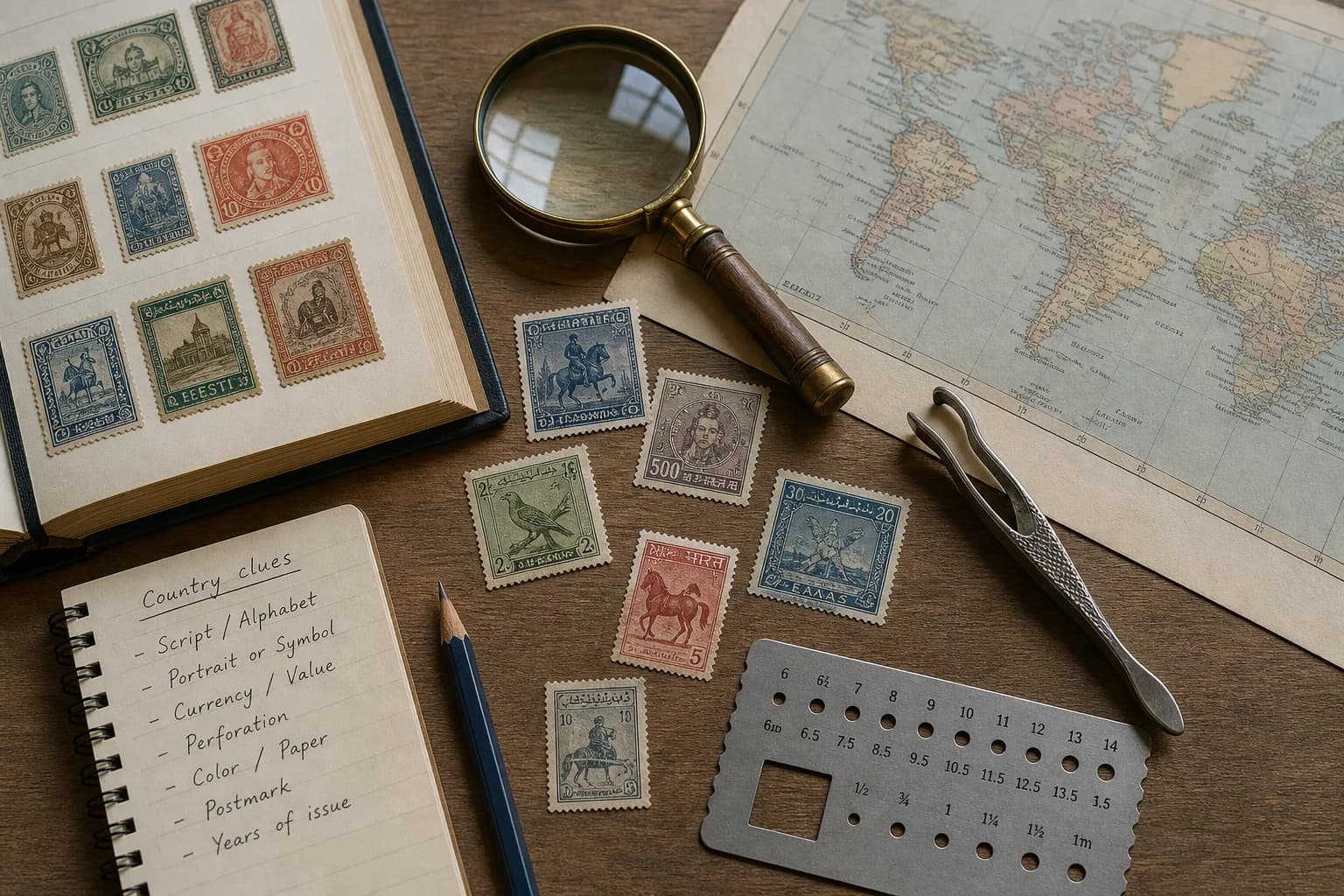 Collector research desk with fictional foreign postage stamps, world map, magnifier, tongs, and perforation gauge