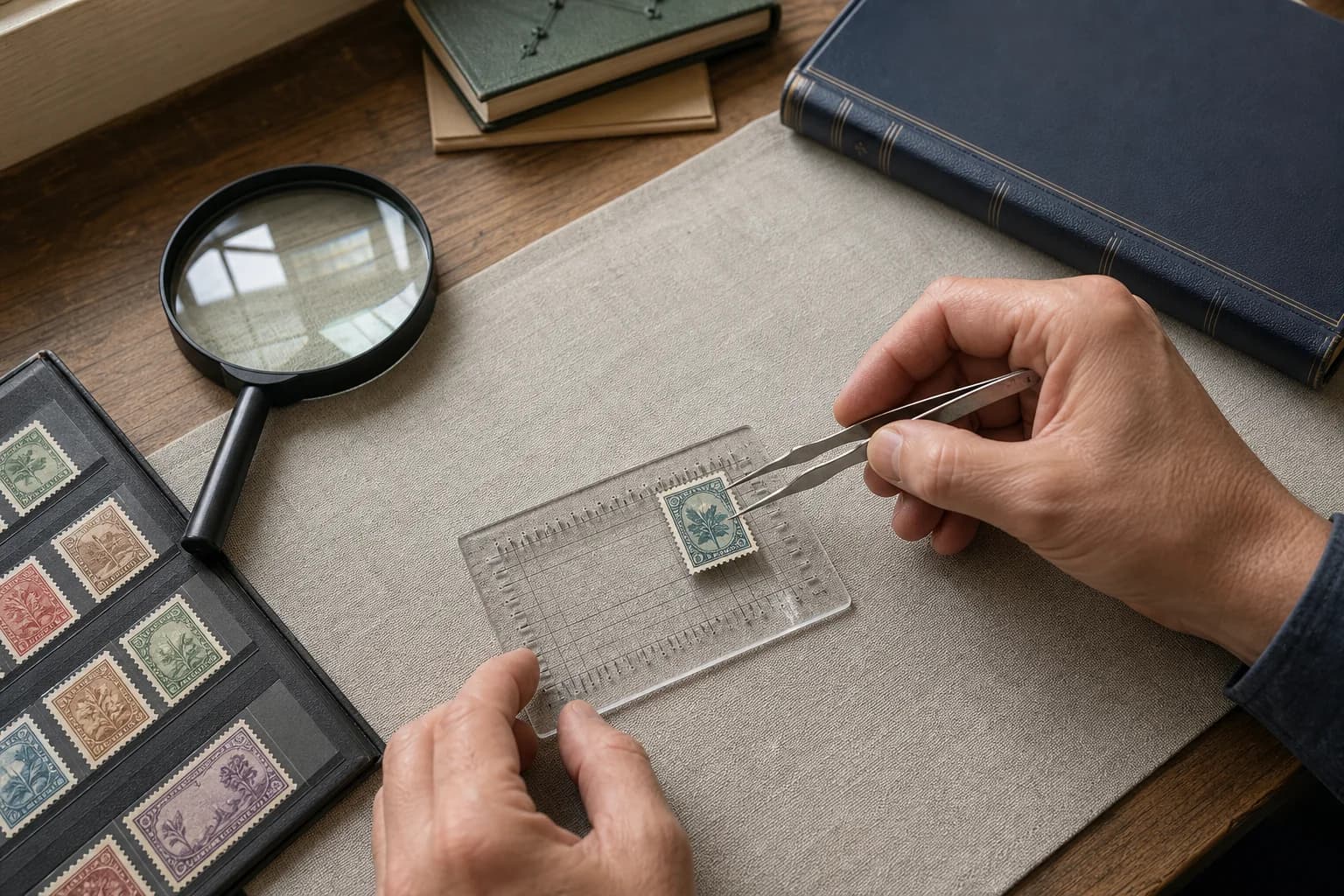 Collector positioning a fictional vintage stamp on a transparent perforation gauge with stamp tongs