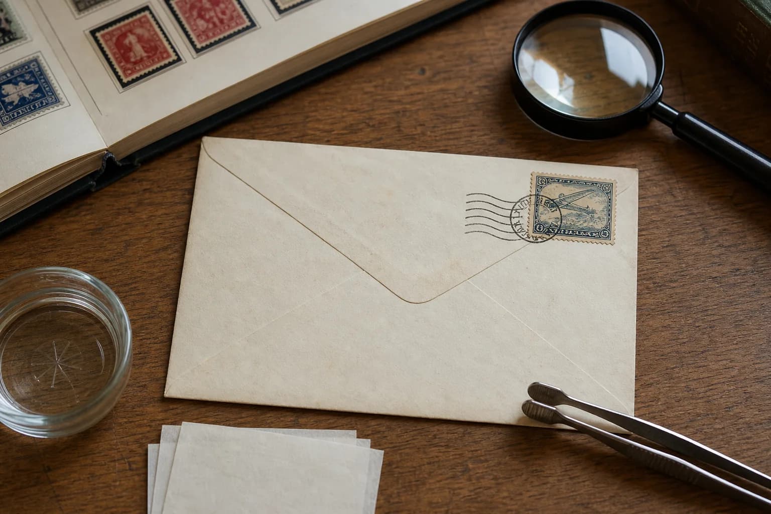 Intact envelope with a fictional used stamp beside stamp tongs, a magnifier, blotting paper and a shallow dish of water
