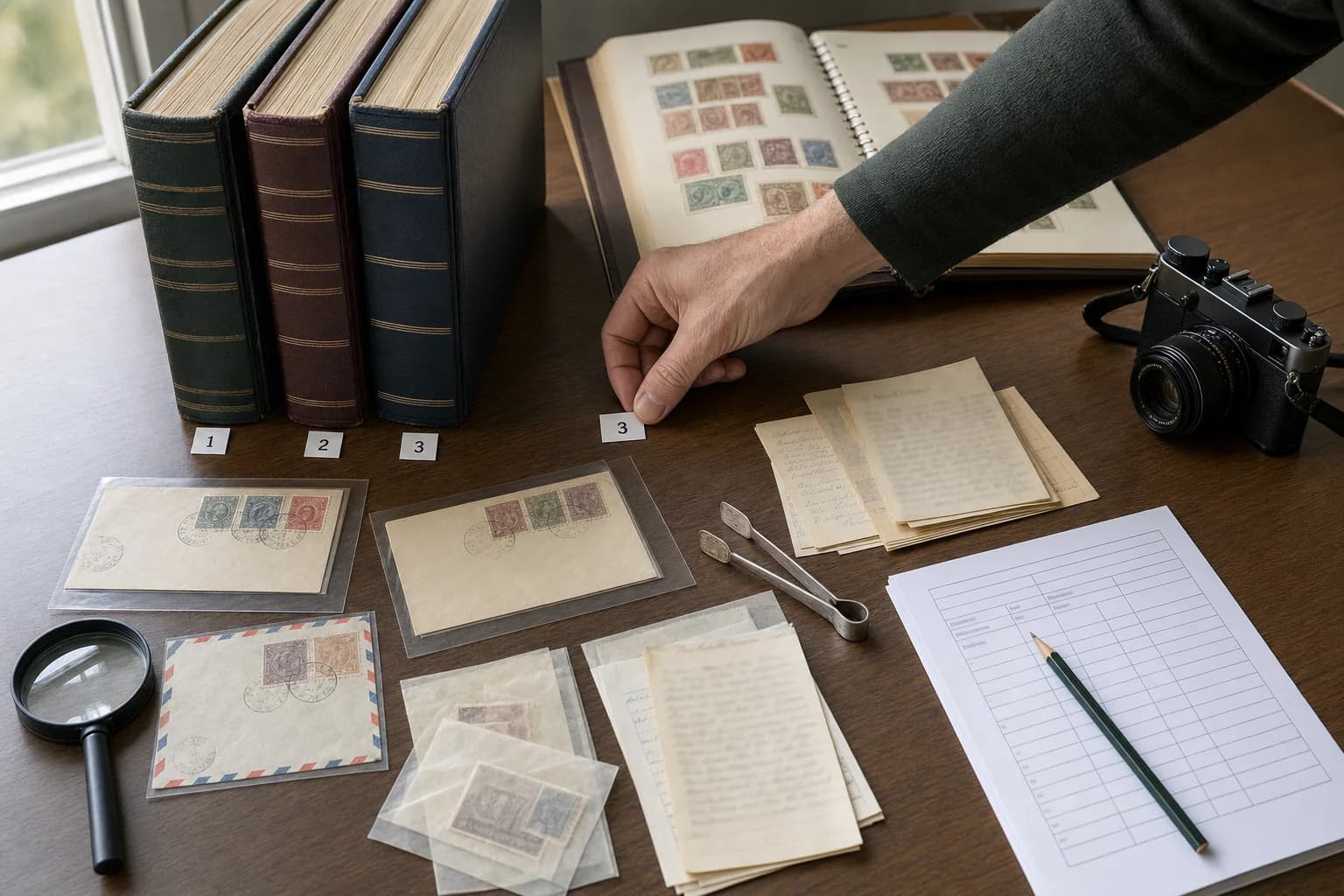 Stamp albums, intact postal covers, collector records, tongs, and a blank inventory sheet arranged for collection-level documentation