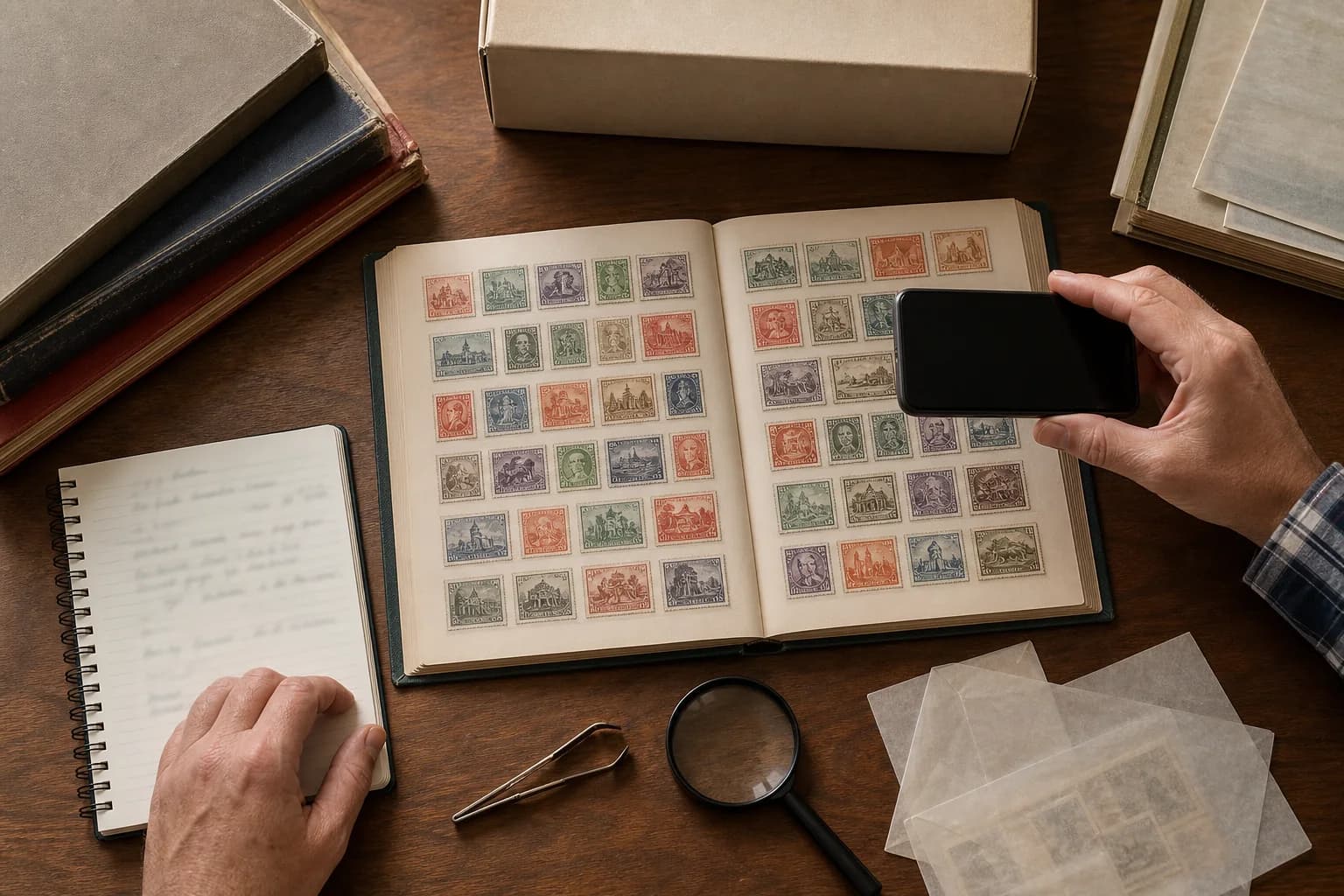 Inherited stamp albums being photographed in their original order beside collector notes, glassine envelopes, tongs, and a magnifier