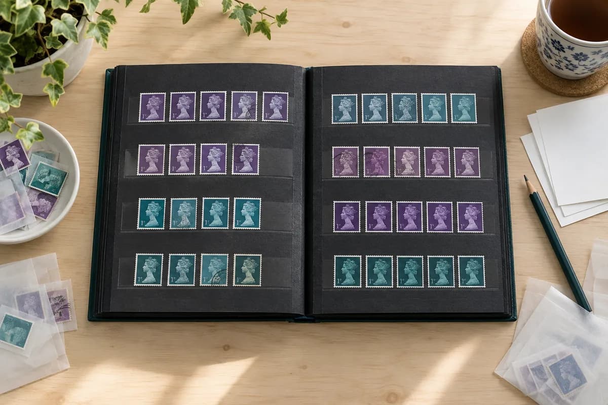 Sammlerillustration mit mehrfarbigen Profilmarken im britischen Stil in einem offenen Einsteckalbum