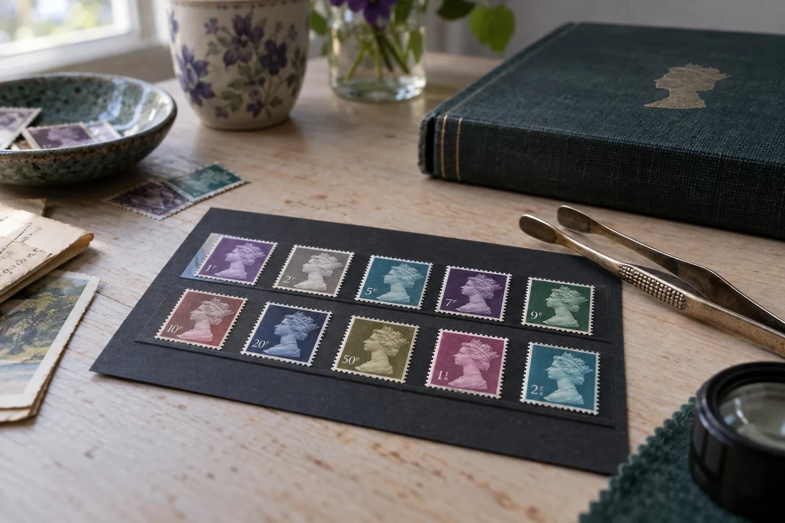 Sammlerillustration mit mehrfarbigen Profilmarken im britischen Stil auf einer Archivkarte