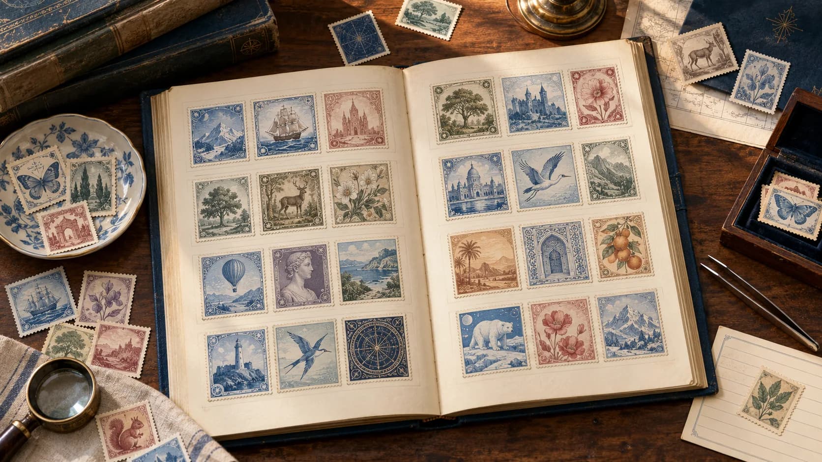 Aufgeschlagenes Weltbriefmarkenalbum mit fiktiven historischen Marken und Lupe