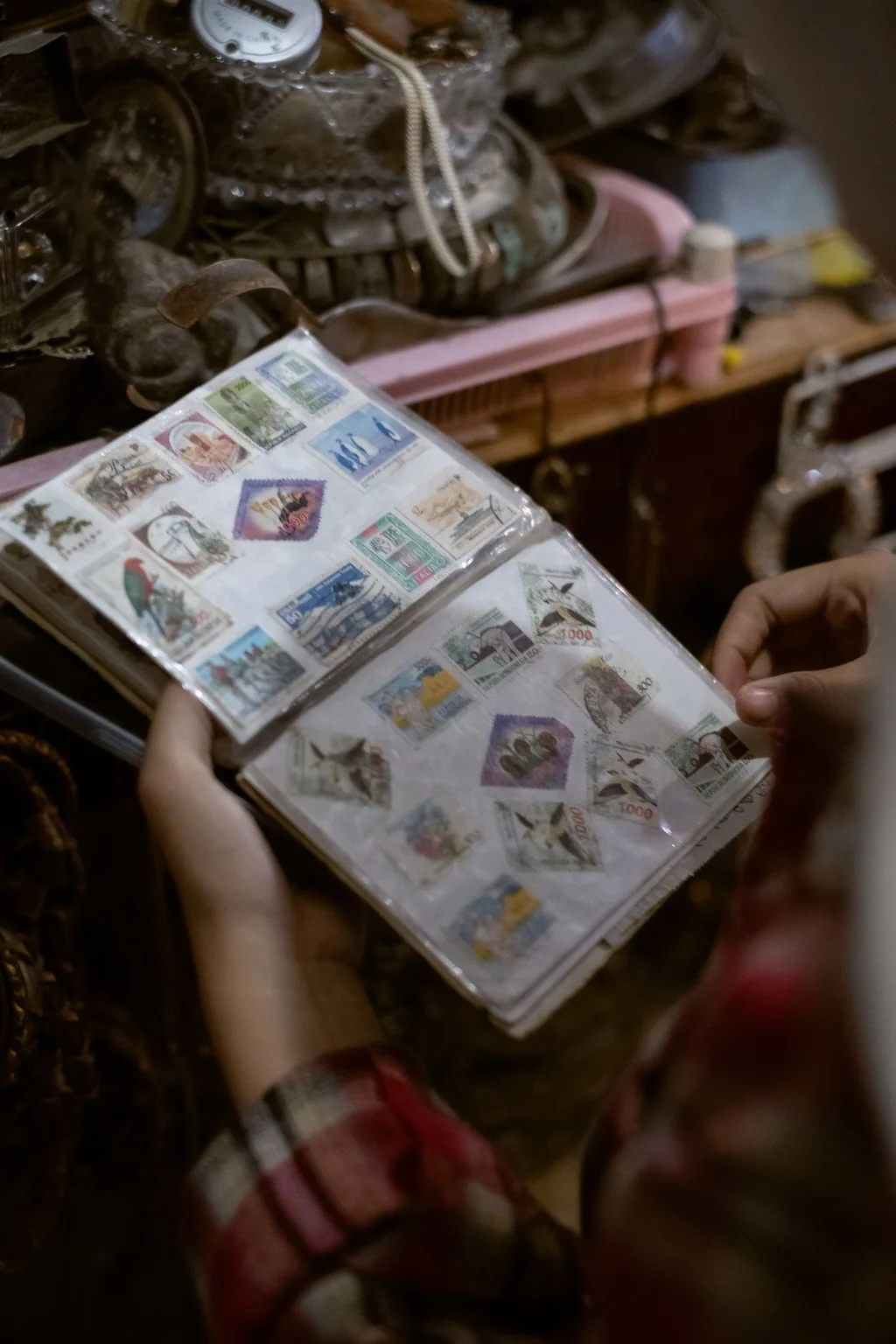 Collector holding an album with many used postage stamps