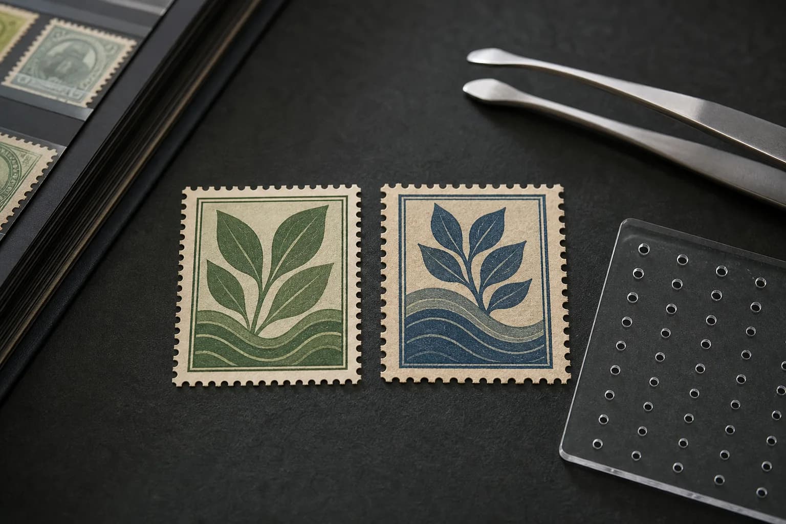 Two fictional botanical stamps with different horizontal and vertical perforation spacing beside a transparent gauge