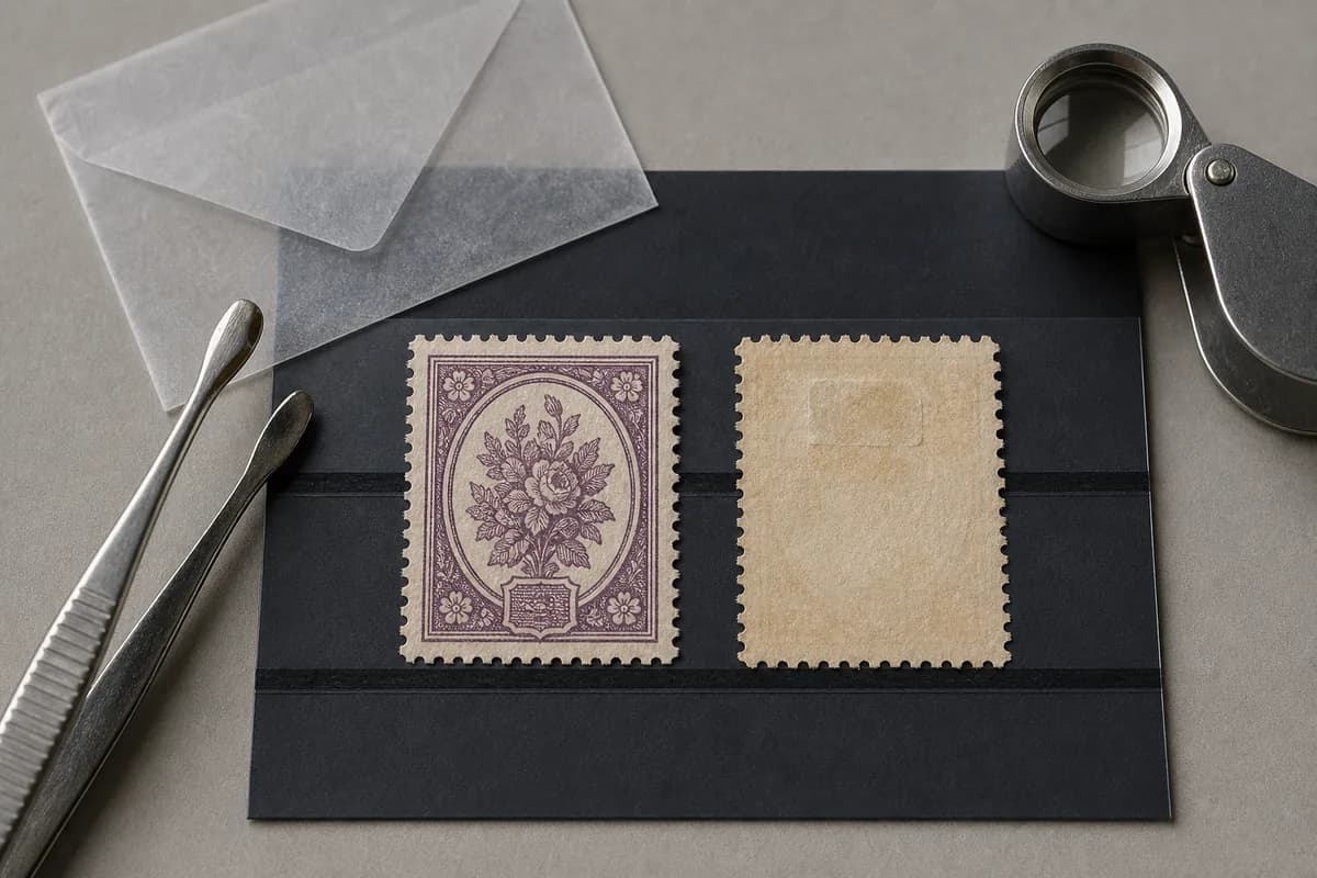 Frente e verso de selos florais fictícios em classificador preto ao lado de pinça, lupa e envelope de papel cristal