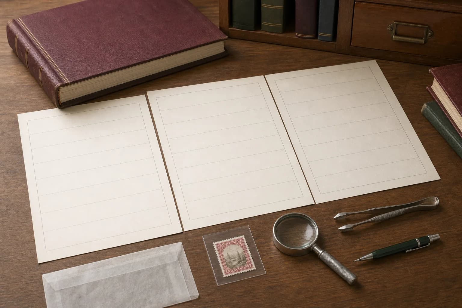 Três folhas de comparação em branco ao lado de classificador, selo fictício protegido, lupa, lapiseira, envelope de papel cristal e pinça