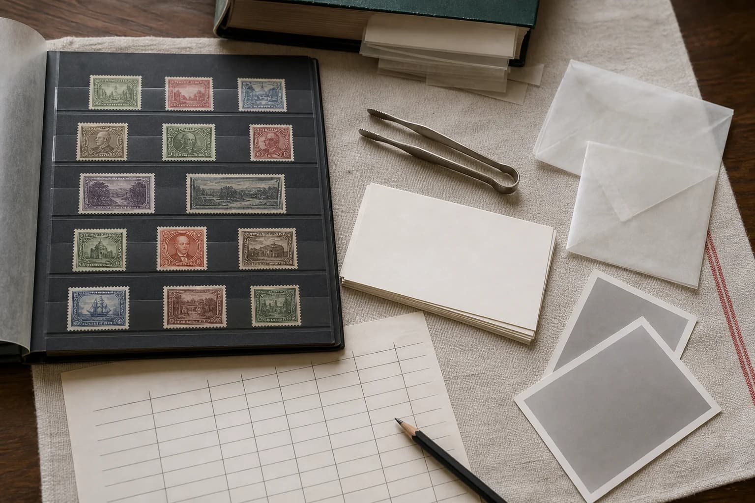 Classificador aberto com selos fictícios, fichas de inventário em branco, envelopes de papel cristal, pinça e fotos de referência neutras