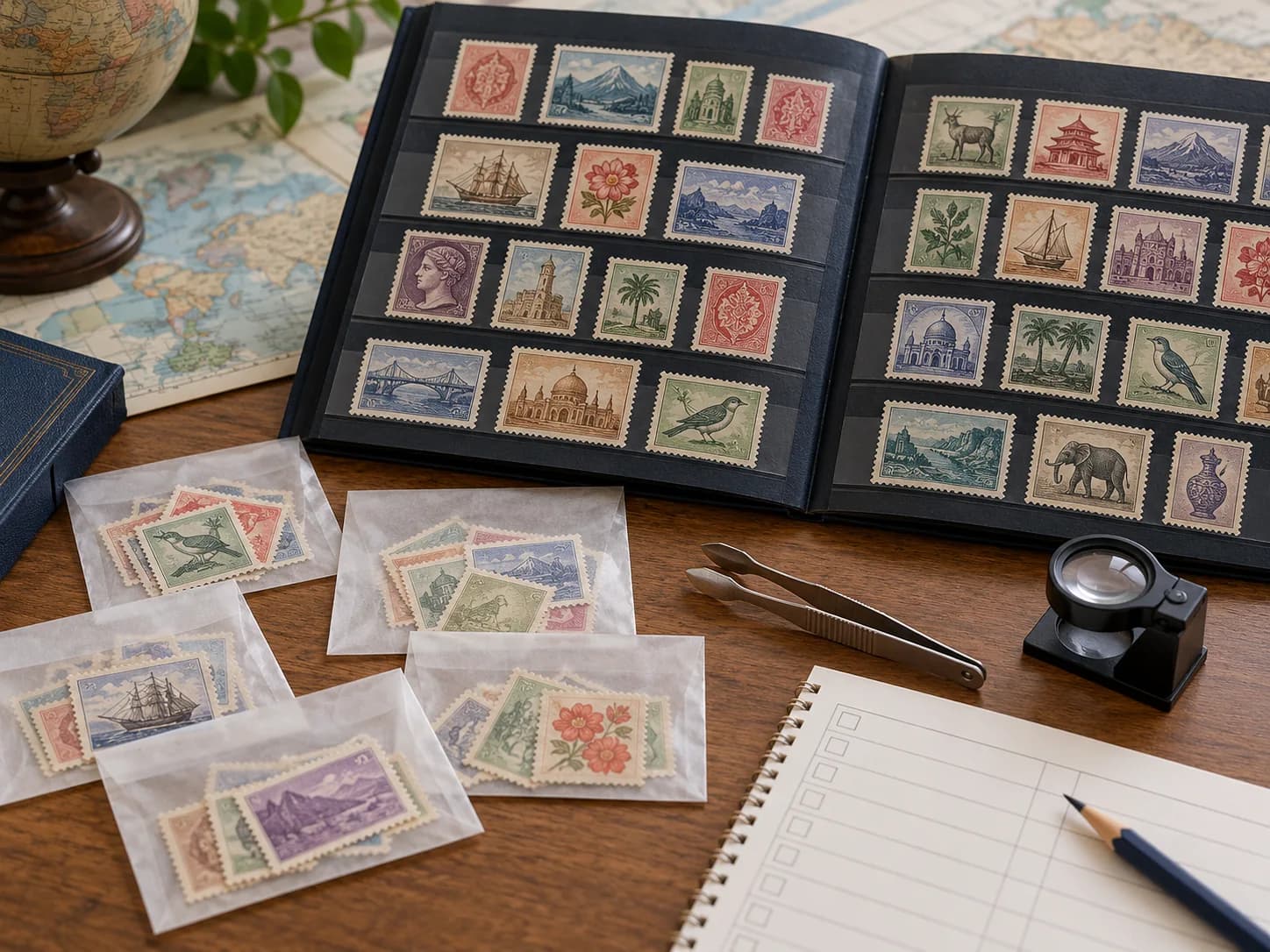 Briefmarkenalbum und beschriftete Pergamintüten neben einer handschriftlichen Länderübersicht