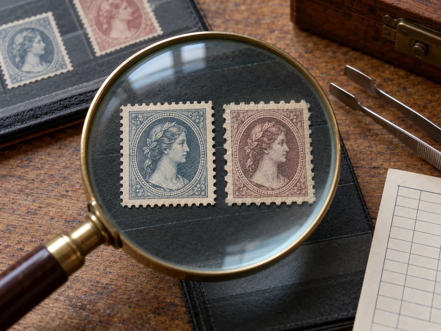 Zwei fiktive alte Briefmarken werden mit einer Lupe auf Papier, Druck und Ränder untersucht