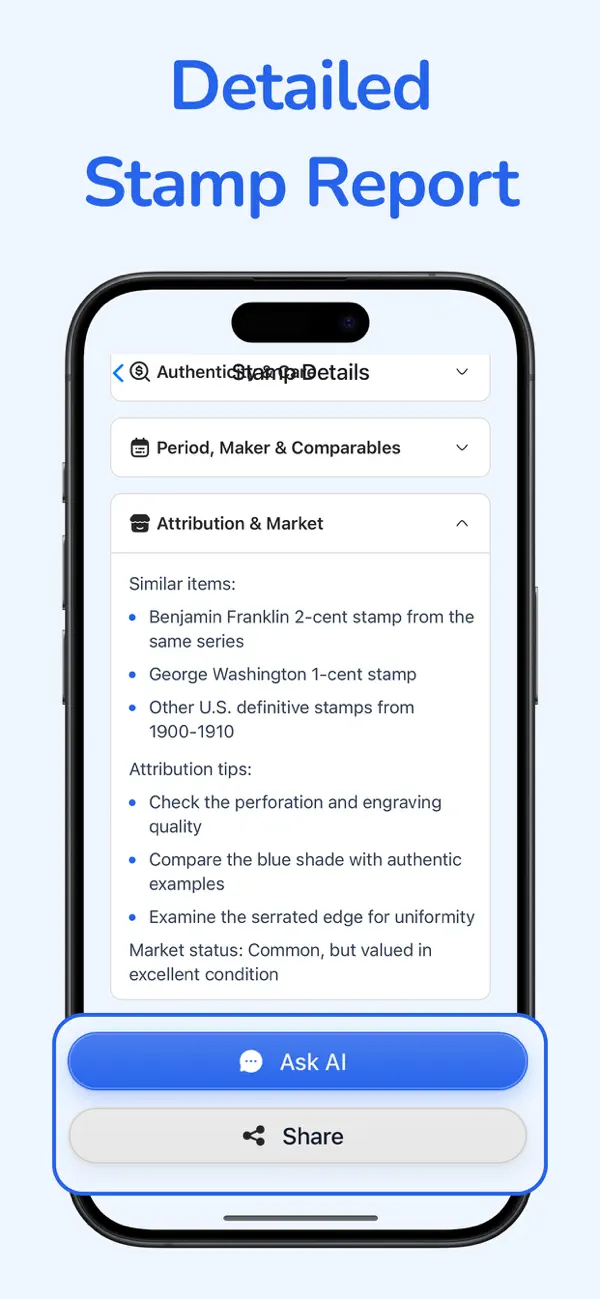 Detailed stamp report with attribution and market research sections