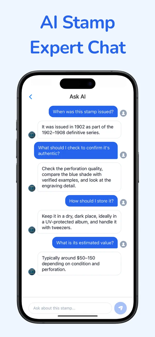 AI stamp expert chat about issue history, authenticity, care, and value