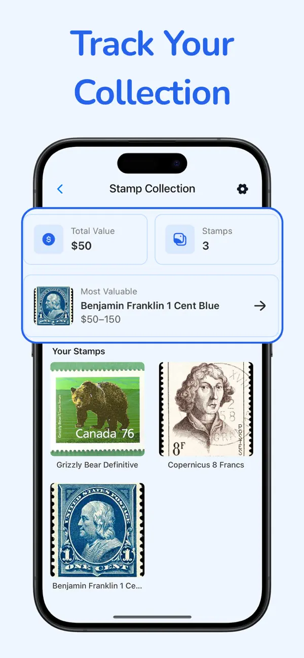 Saved stamp collection with a value summary and visual gallery