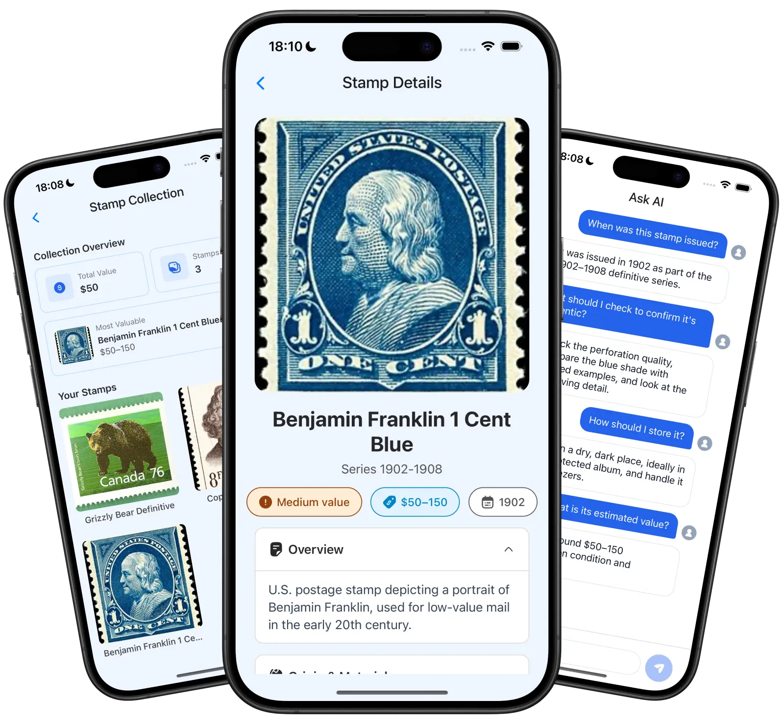 Stamp Value Identifier app with stamp details, AI chat, and collection screens