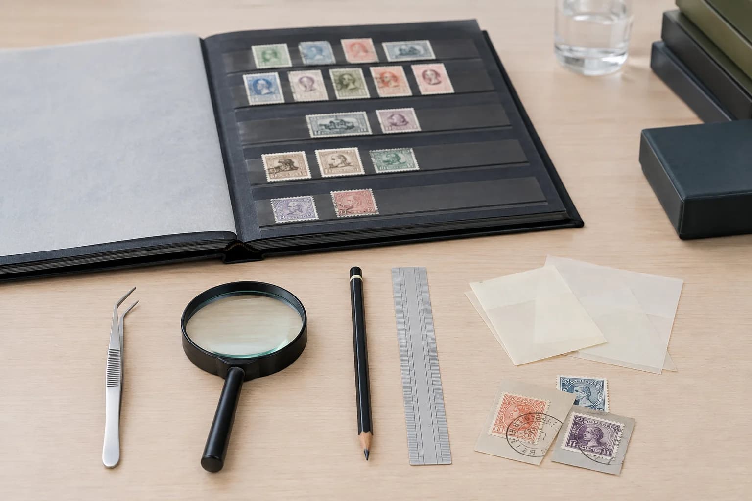 Pinzas filatélicas, lupa, lápiz, regla y sobres de papel cristal junto a un clasificador y sellos ficticios usados