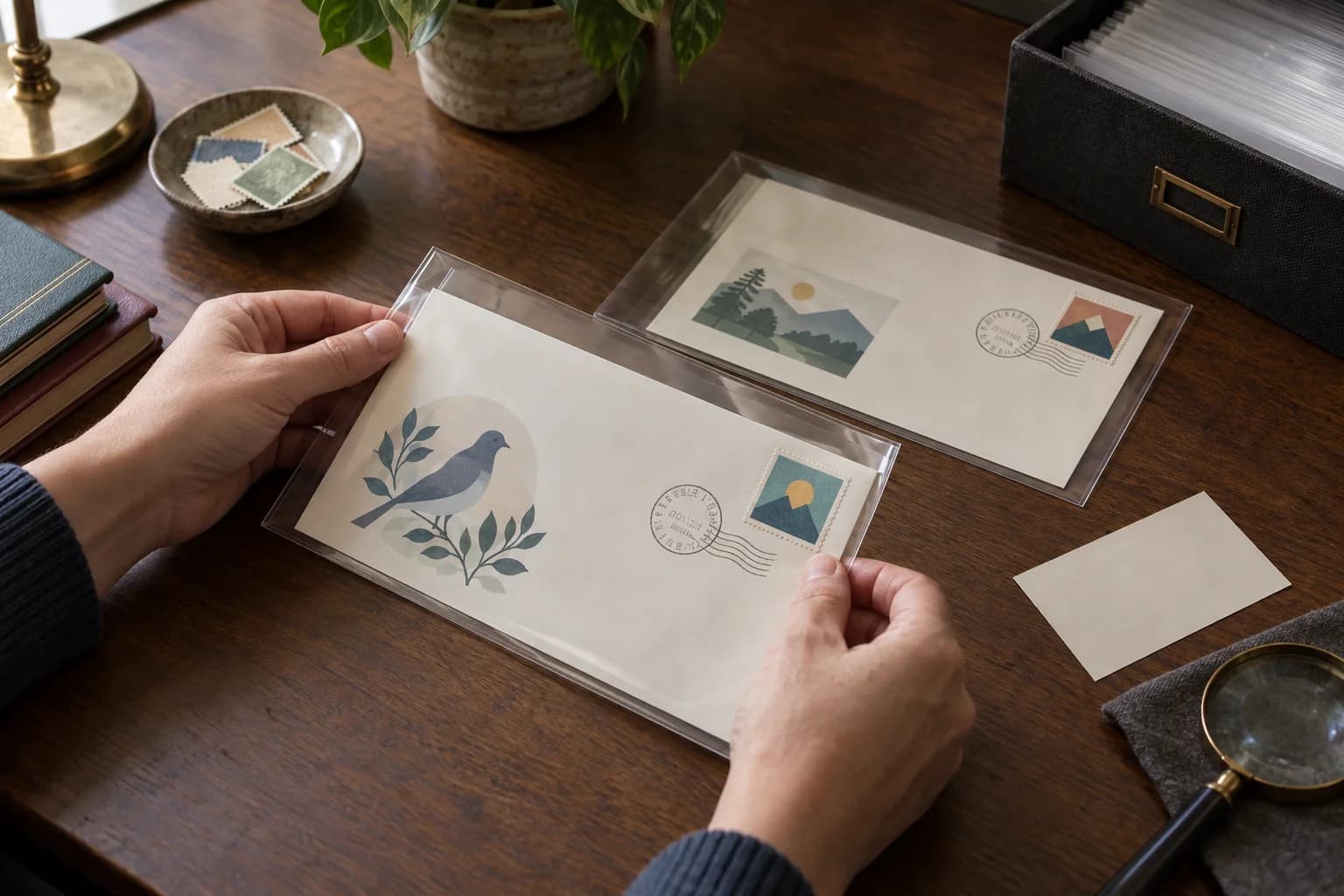 Hands placing intact fictional illustrated first day covers into clear fitted sleeves on a clean collector desk
