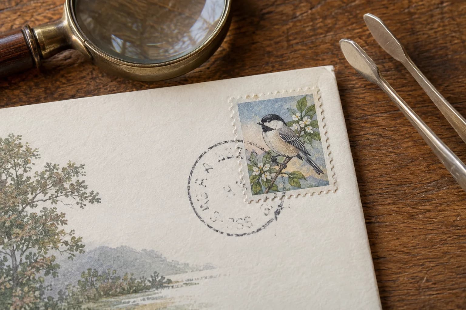 Detail of a fictional bird stamp crossed by an indistinct circular postmark on an intact illustrated cover