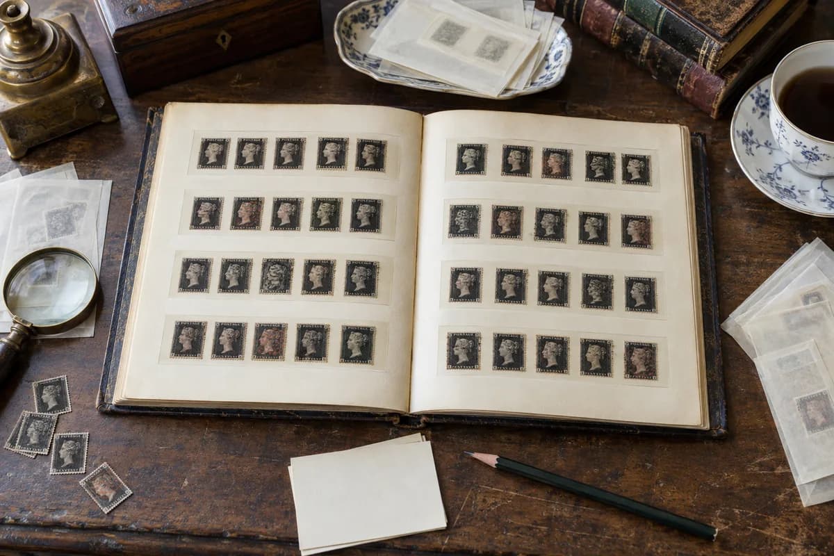 Collector illustration showing black Victorian-style portrait stamps arranged in an open stockbook
