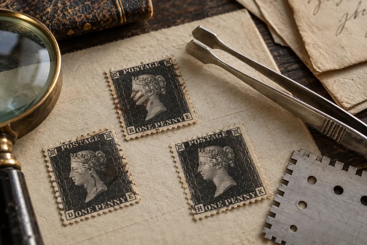Illustrated inspection scene with black Victorian-style portrait stamps, stamp tongs and a gauge