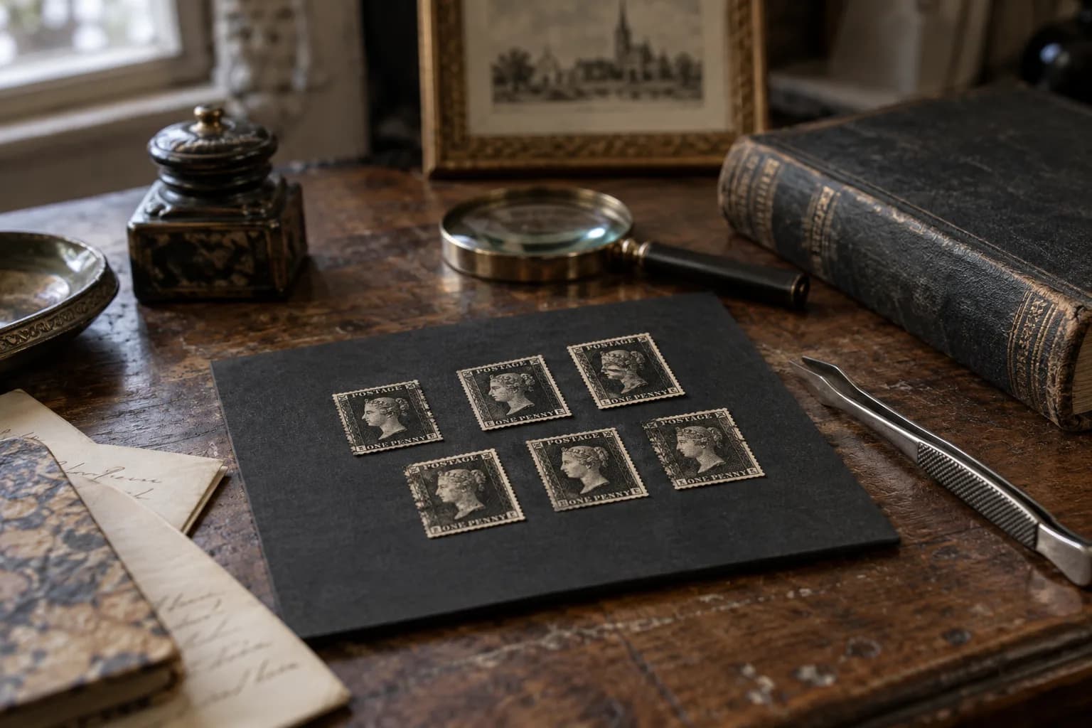 Collector illustration with black Victorian-style portrait stamps on an archival card