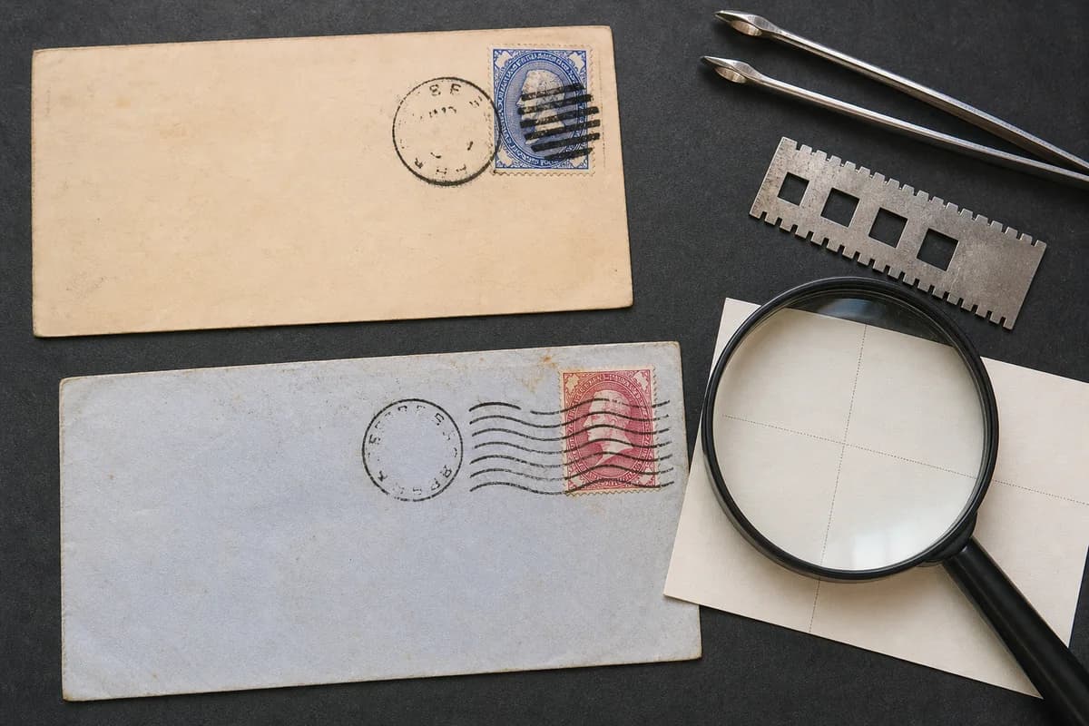 Deux plis fictifs sous une loupe, l’un avec dateur circulaire et tueur à barres, l’autre avec oblitération mécanique ondulée
