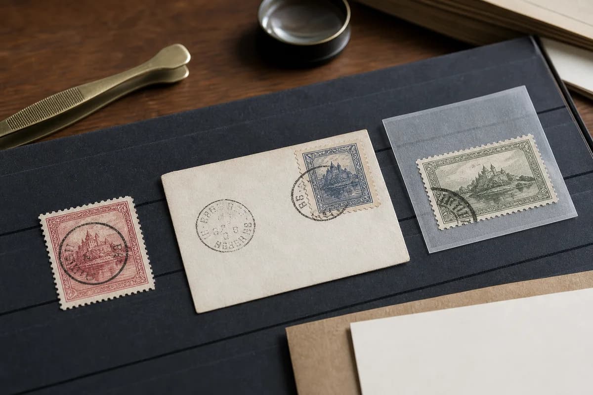 Timbre fictif oblitéré isolé, pli postal complet et timbre à cachet de coin comparés sur une page noire
