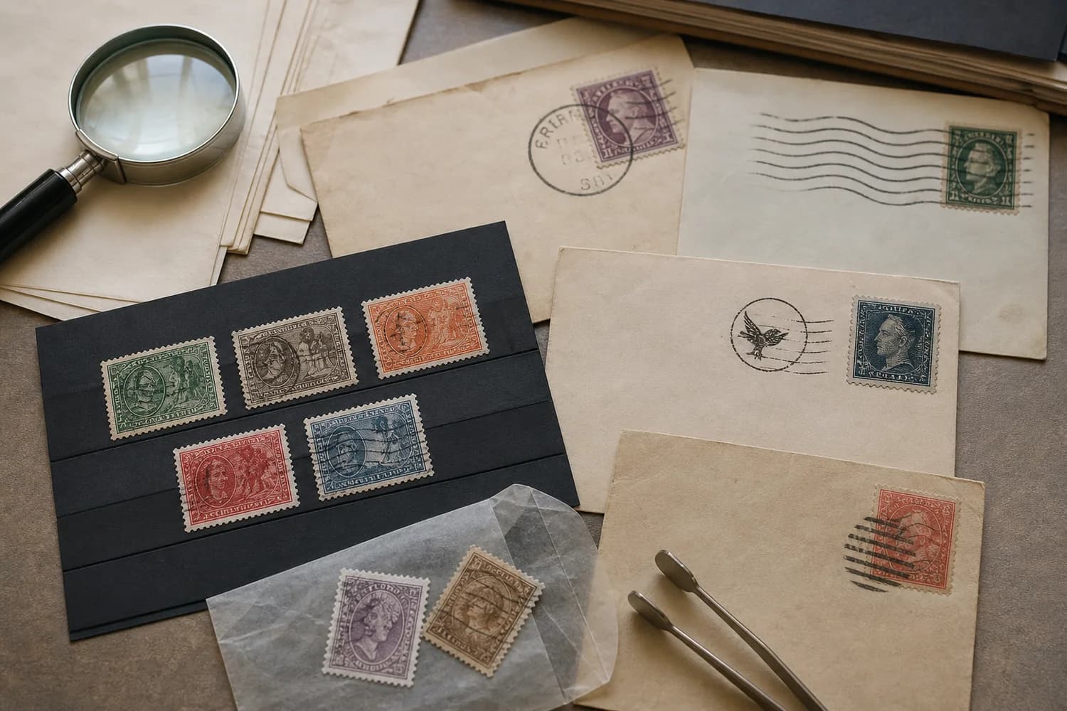 Timbres et plis anciens fictifs portant des oblitérations circulaires, à barres, mécaniques ondulées et illustrées avec du matériel philatélique
