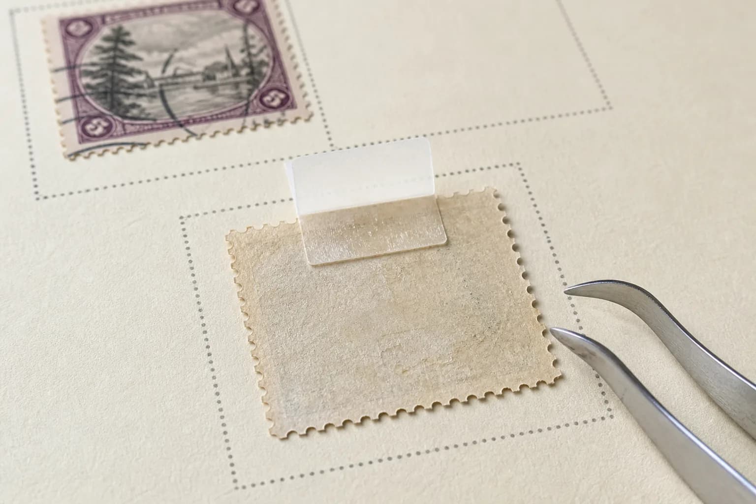 Reverse of a fictional used stamp showing a small folded glassine hinge below the upper edge