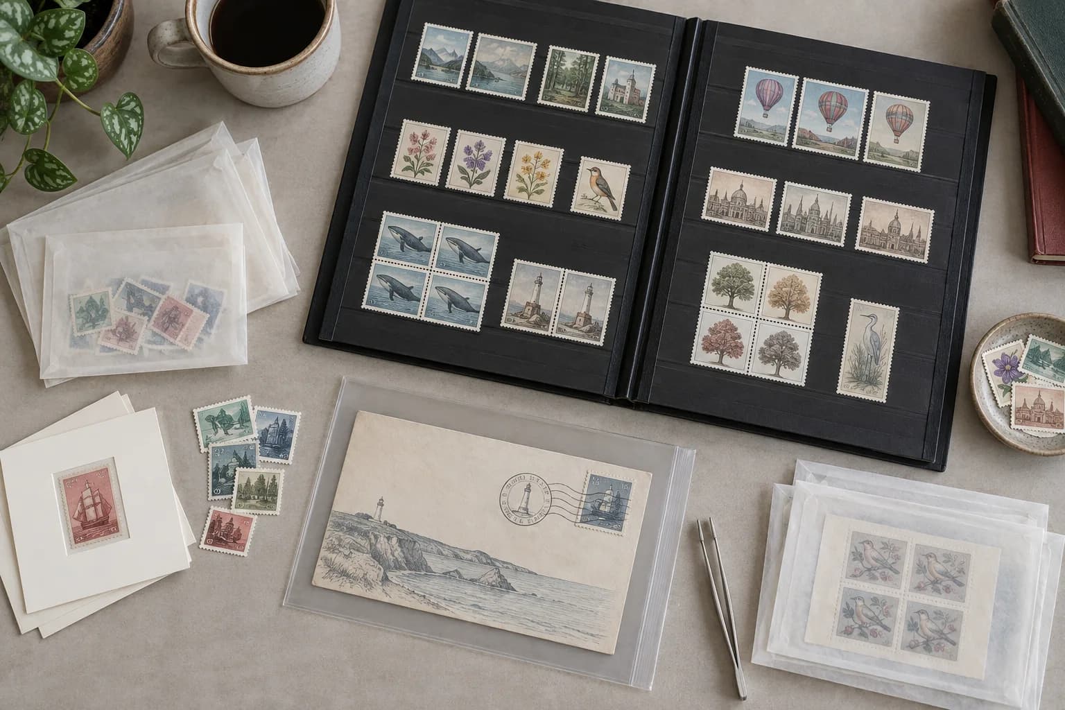 Stockbook, archival sleeves, glassine envelopes, fictional stamps and a fictional postal cover arranged on a clean table
