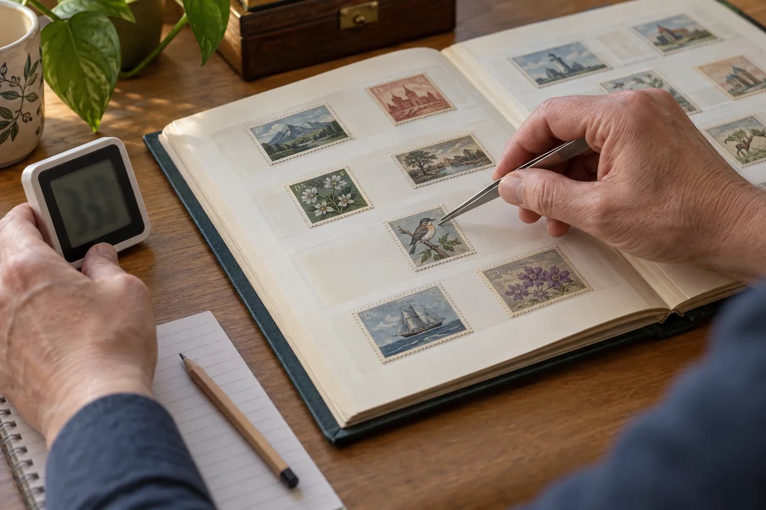 Collector using stamp tongs while checking an album beside a digital hygrometer and paper inspection log