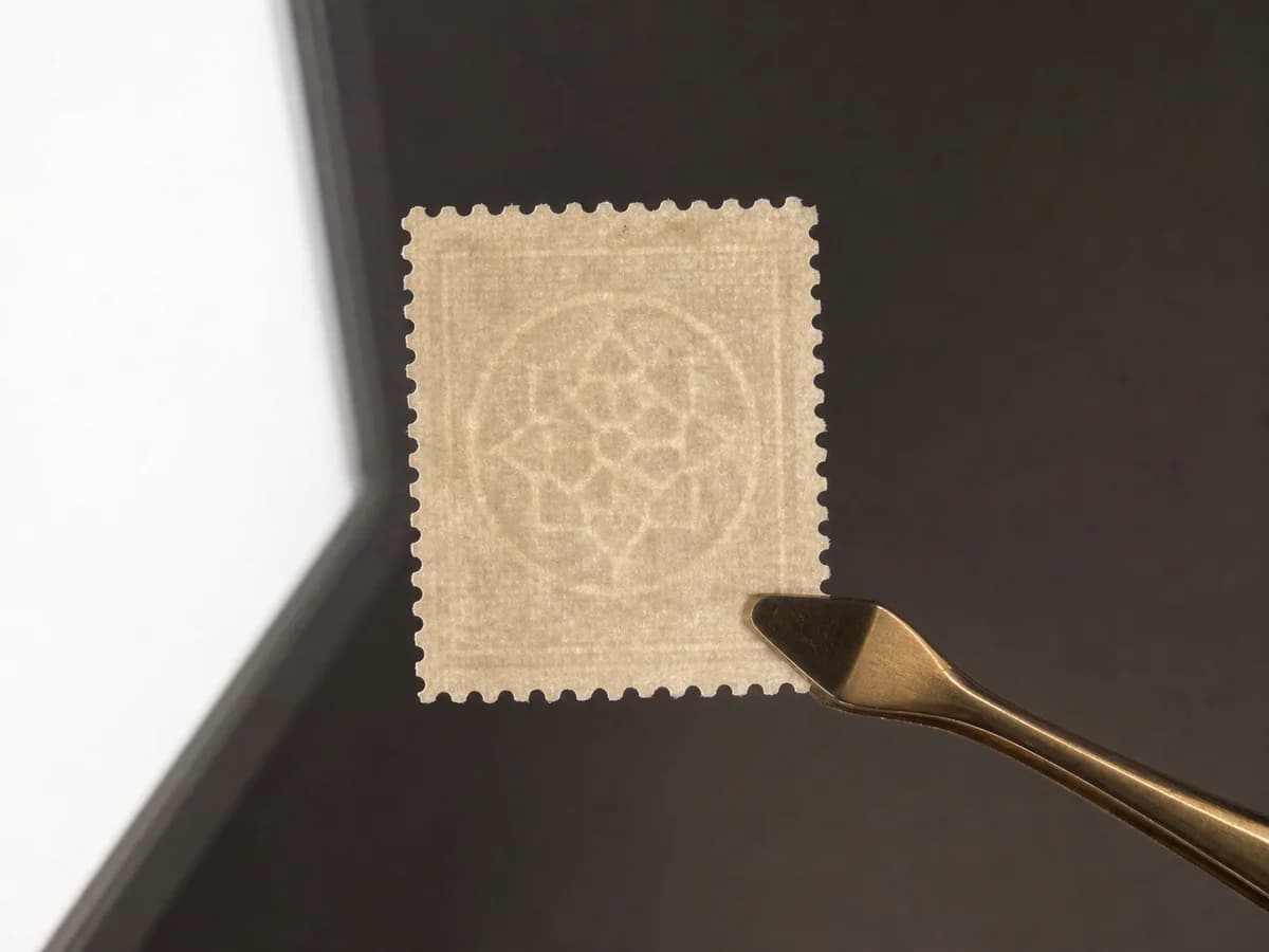 Back of a fictional perforated stamp held with tongs in front of diffused light so a geometric watermark is visible