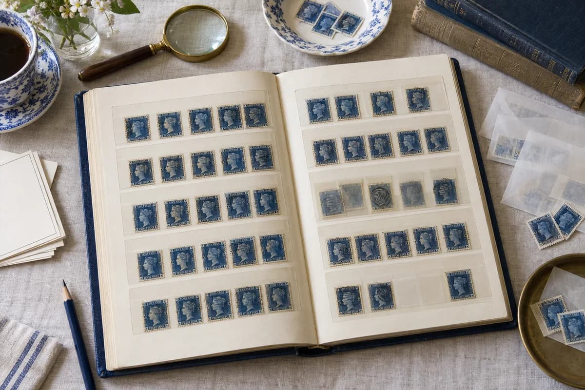 Collector illustration showing blue Victorian-style portrait stamps arranged in an open stockbook