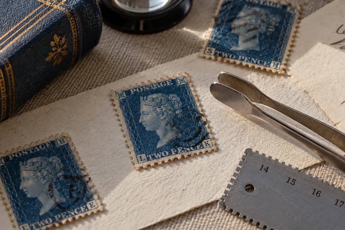 Illustrated inspection scene with blue Victorian-style portrait stamps, stamp tongs and a gauge