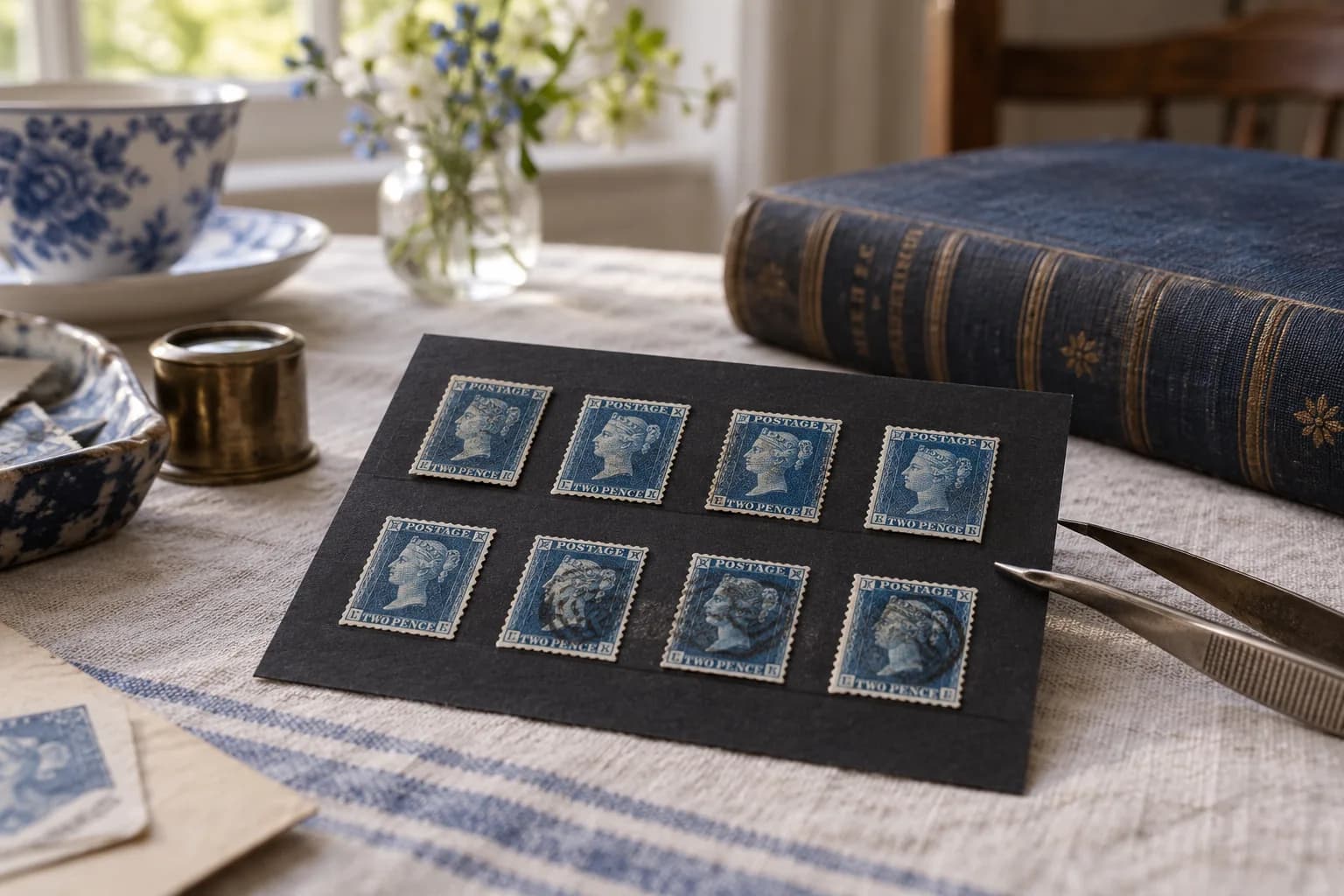 Collector illustration with blue Victorian-style portrait stamps on an archival card