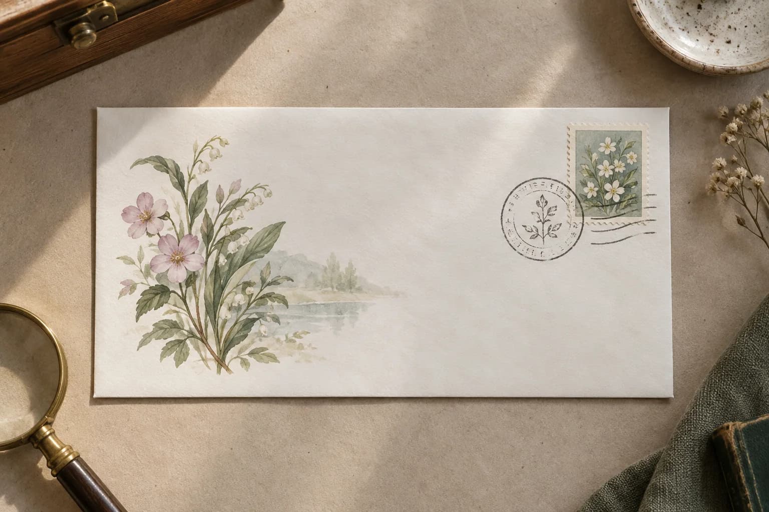 Complete fictional first day cover with botanical stamp, circular cancellation and painted floral cachet on a collector desk