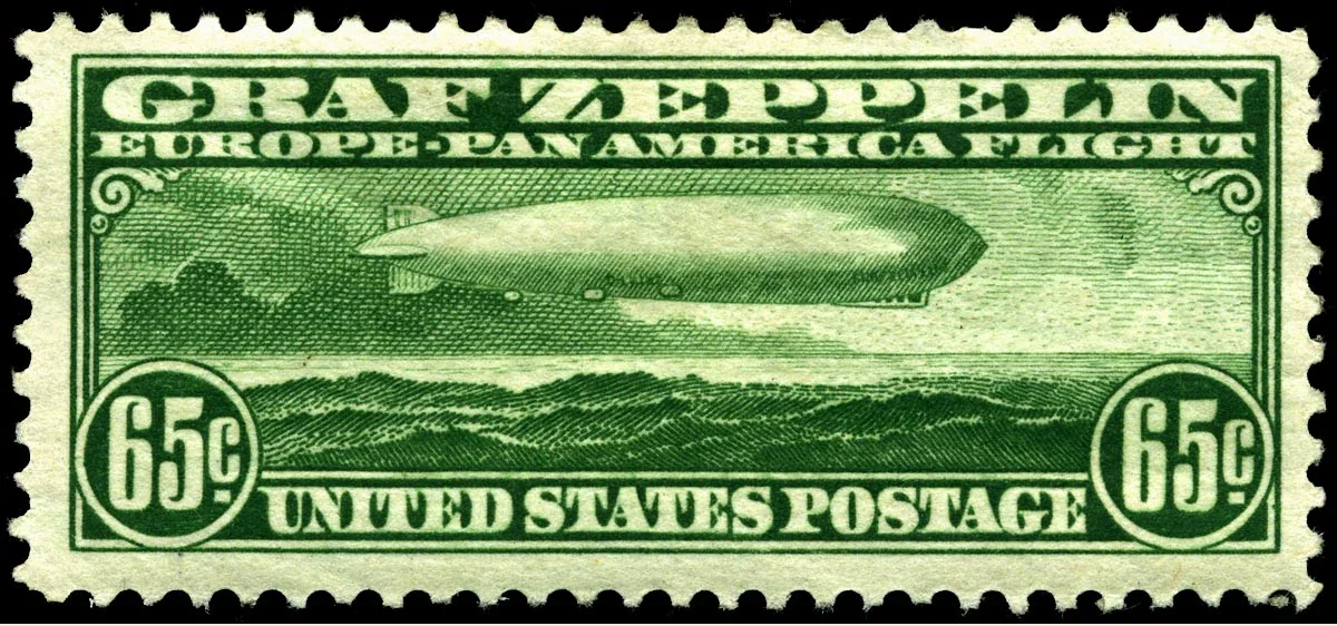 Genuine issue scan of the green United States 65-cent Graf Zeppelin stamp with ocean design and complete perforated edges