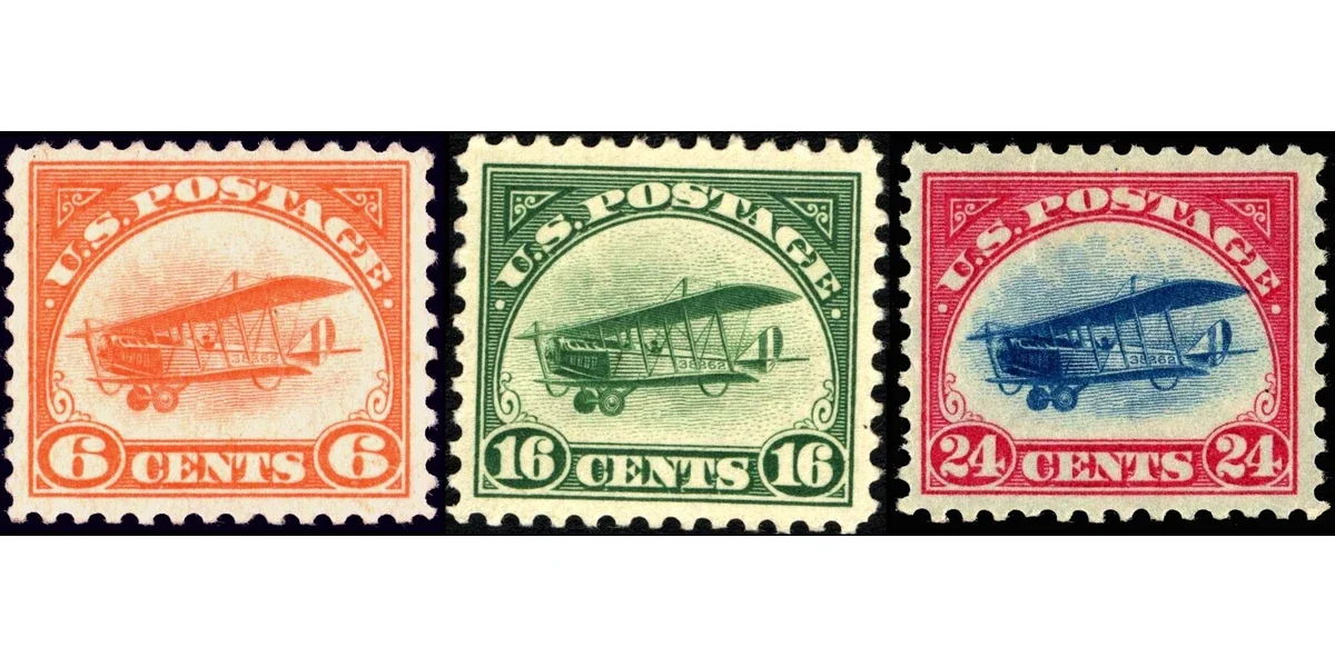 Genuine reference scans of upright 6-cent orange, 16-cent green and 24-cent carmine-rose and blue Curtiss Jenny stamps